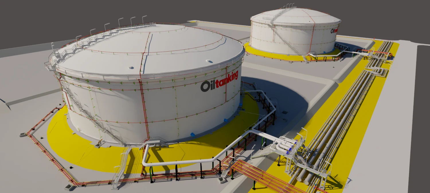 Modelo tridimensional de tanques de almacenamiento y cañerías industriales